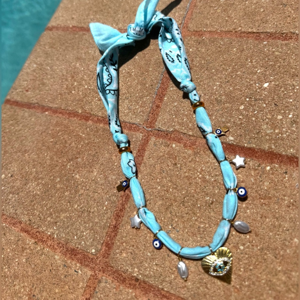 Light blue Bandana Necklace with Charms